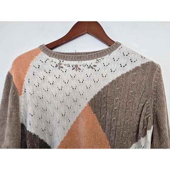 Alfred Dunner Sweater Womens PS Brown Patchwork Sequin Grandma Cozy Goblincore - Picture 2 of 7